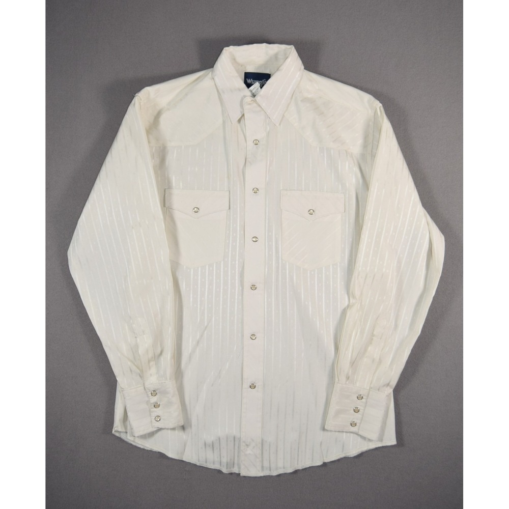 Vintage Wrangler Shirt Mens Medium White Western Pearl Snap Striped Long Sleeve